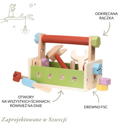 Drewniane narzędzia, zabawka dla dzieci, zestaw małego majsterkowicza Micki MICKI