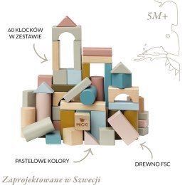 Klocki pastelowe drewniane dla dzieci 60 sztuk zestaw klocków, Micki MICKI