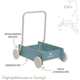 Niebieski drewniany chodzik pchacz, do nauki chodzenia, dla dzieci, Micki MICKI