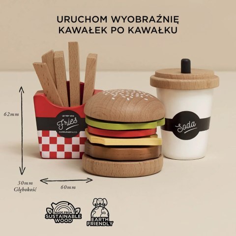 Drewniany zestaw 3w1 hamburger frytki napój, zabawka dla dzieci, Le Toy Van Le Toy Van