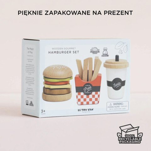 Drewniany zestaw 3w1 hamburger frytki napój, zabawka dla dzieci, Le Toy Van Le Toy Van