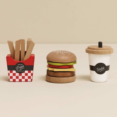 Drewniany zestaw 3w1 hamburger frytki napój, zabawka dla dzieci, Le Toy Van Le Toy Van