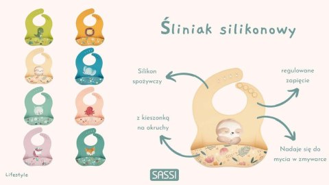 Śliniak silikonowy z kieszonką Dinozaur SASSI